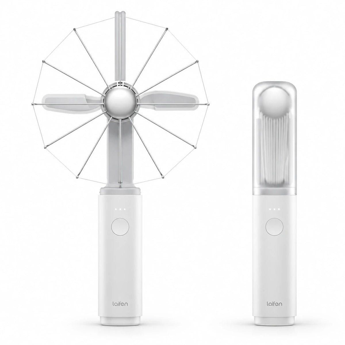 Laifen AirFold Portable Fan — White, open and folded