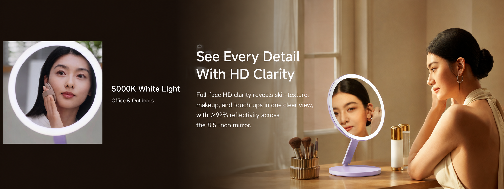 Glowy Mirror showing full-face clarity under 5000K white light