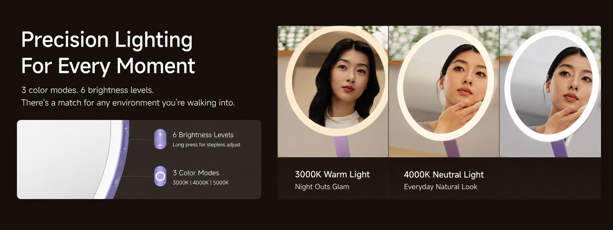 Three Glowy Mirror color modes and six adjustable brightness levels