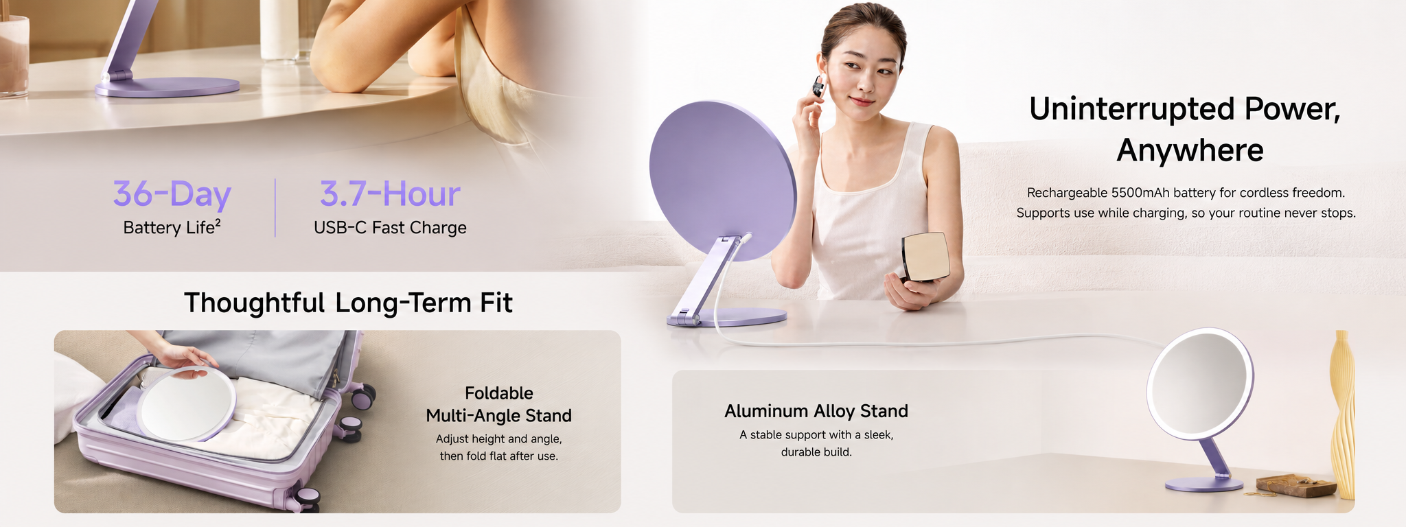 Glowy Mirror rechargeable battery, USB-C charging, foldable stand, and aluminum-alloy construction